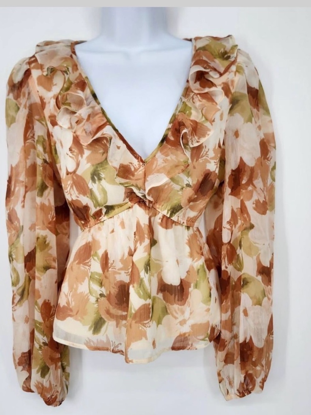 Abercrombie & Fitch Floral Sheer Peplum Blouse in Rust, Olive & Cream